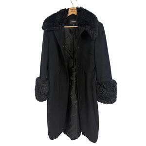 NWOT Express Penny Lane 100% Wool Black Y2K Coat SZ 3/4 Faux Fur Collar & Trim